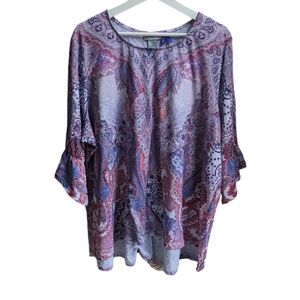 Catherines Women 2XWP Purple Paisley Sublimation Sparkle Tunic Top Ruffle Sleeve